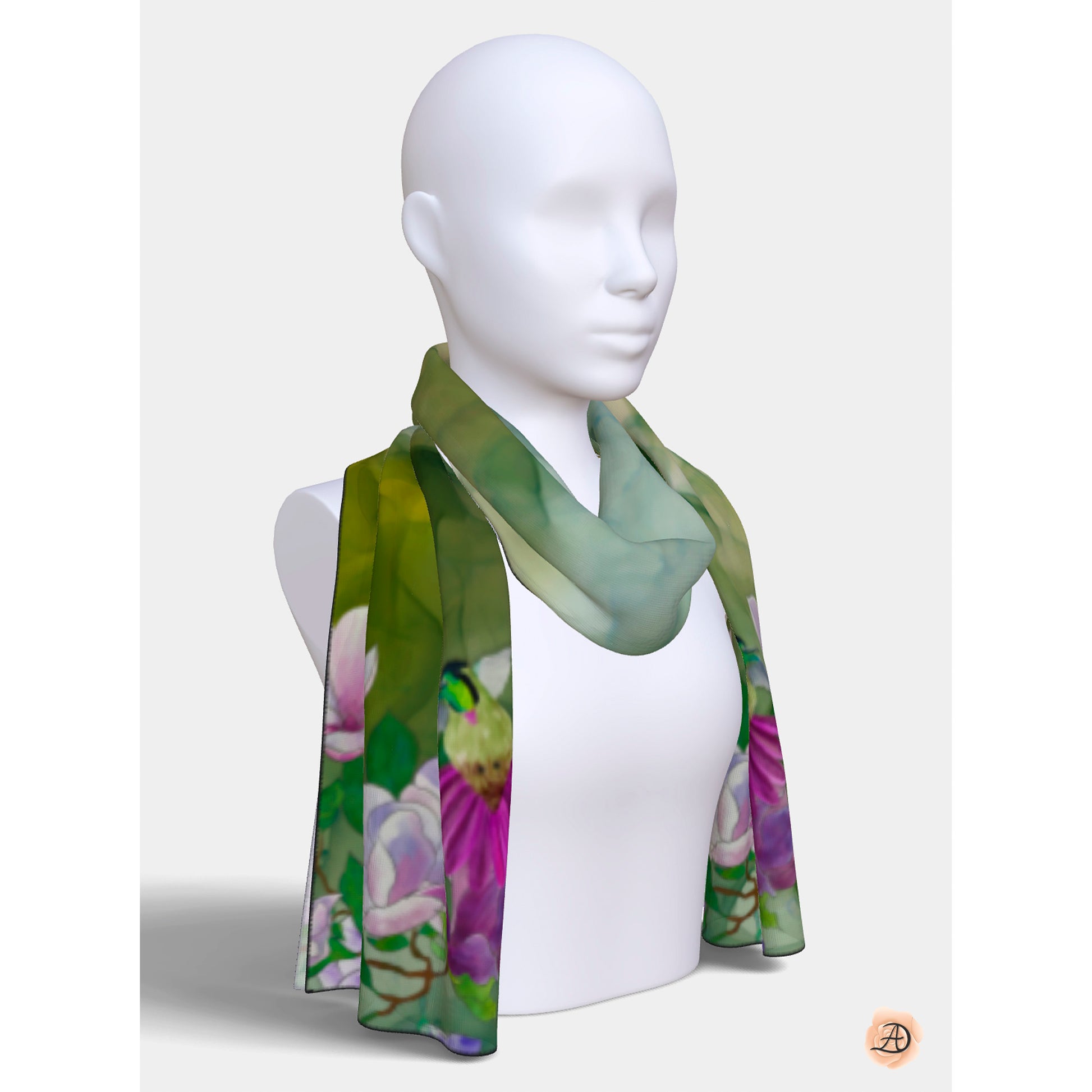 Mannequin wearing a green floral scarf on a white background. Unique silk scarf suitable for client appreciation gifts and luxury corporate gifts. 