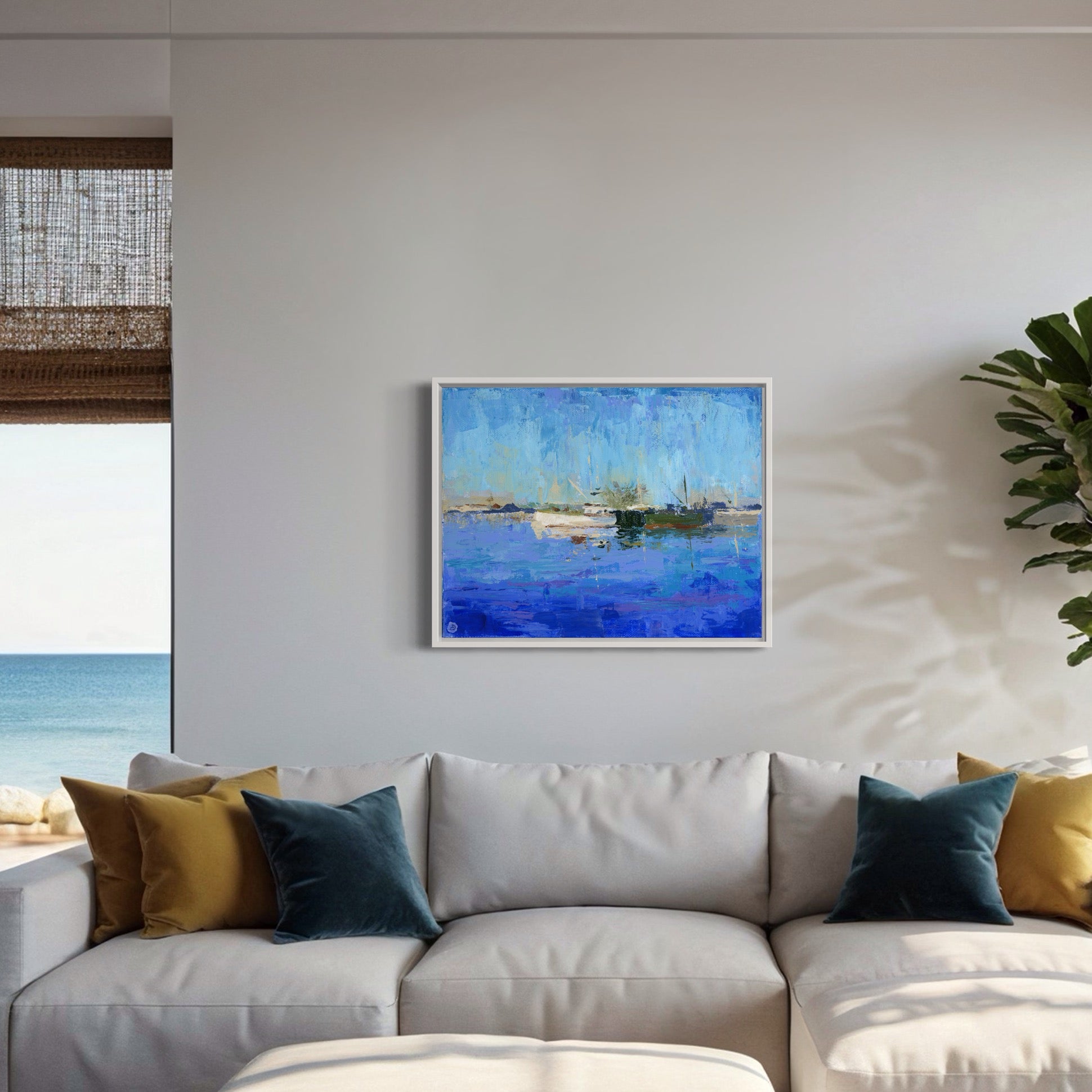 Coastal interior with wall art depicting boats on Piscataqua river, by Andreea Dumez