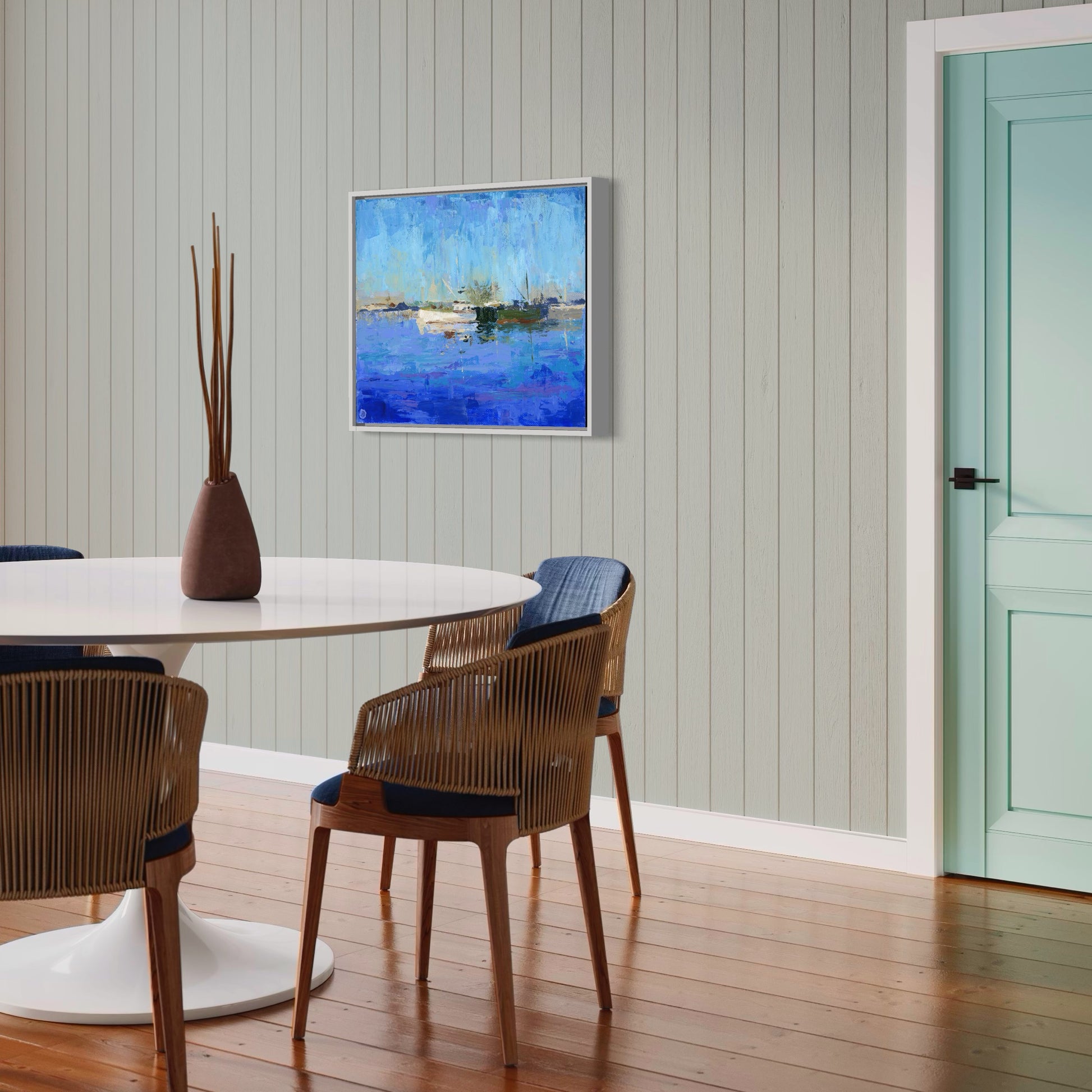 Coastal interior with wall art depicting boats on Piscataqua river, by Andreea Dumez