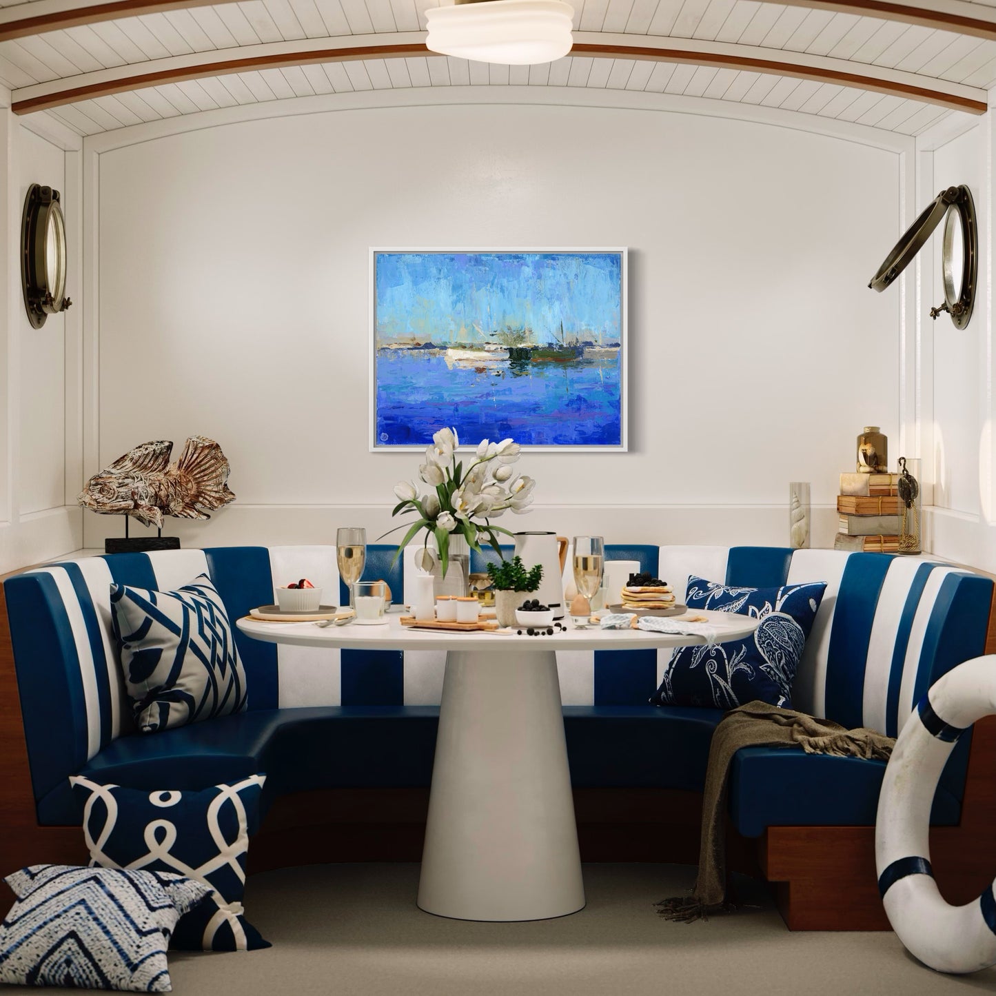 Coastal interior with wall art depicting boats on Piscataqua river, by Andreea Dumez