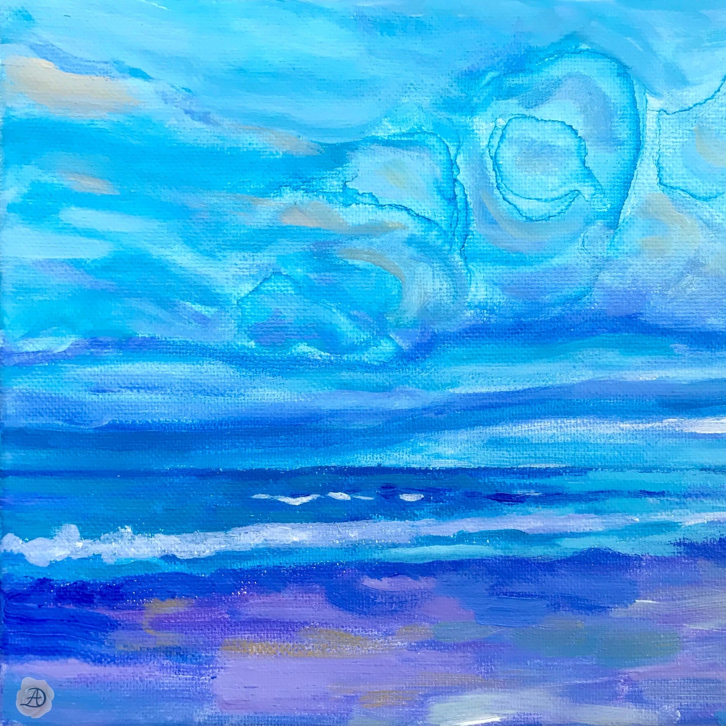 Jenness Beach Acrylic painting by Andreea Dumez, depicting a stormy ocean view with clouds over the beach 