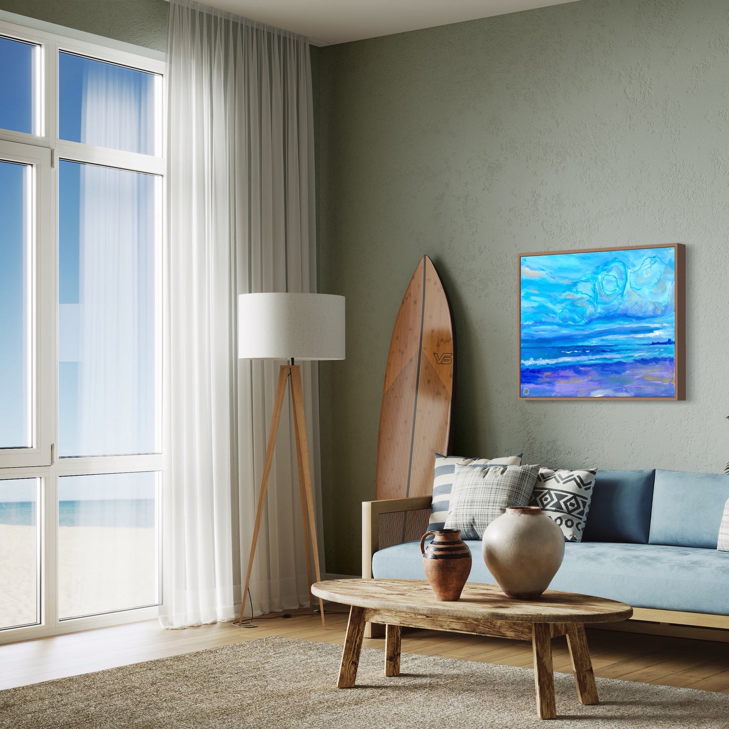 Interior coastal room with Jenness Beach painting by Andreea Dumez