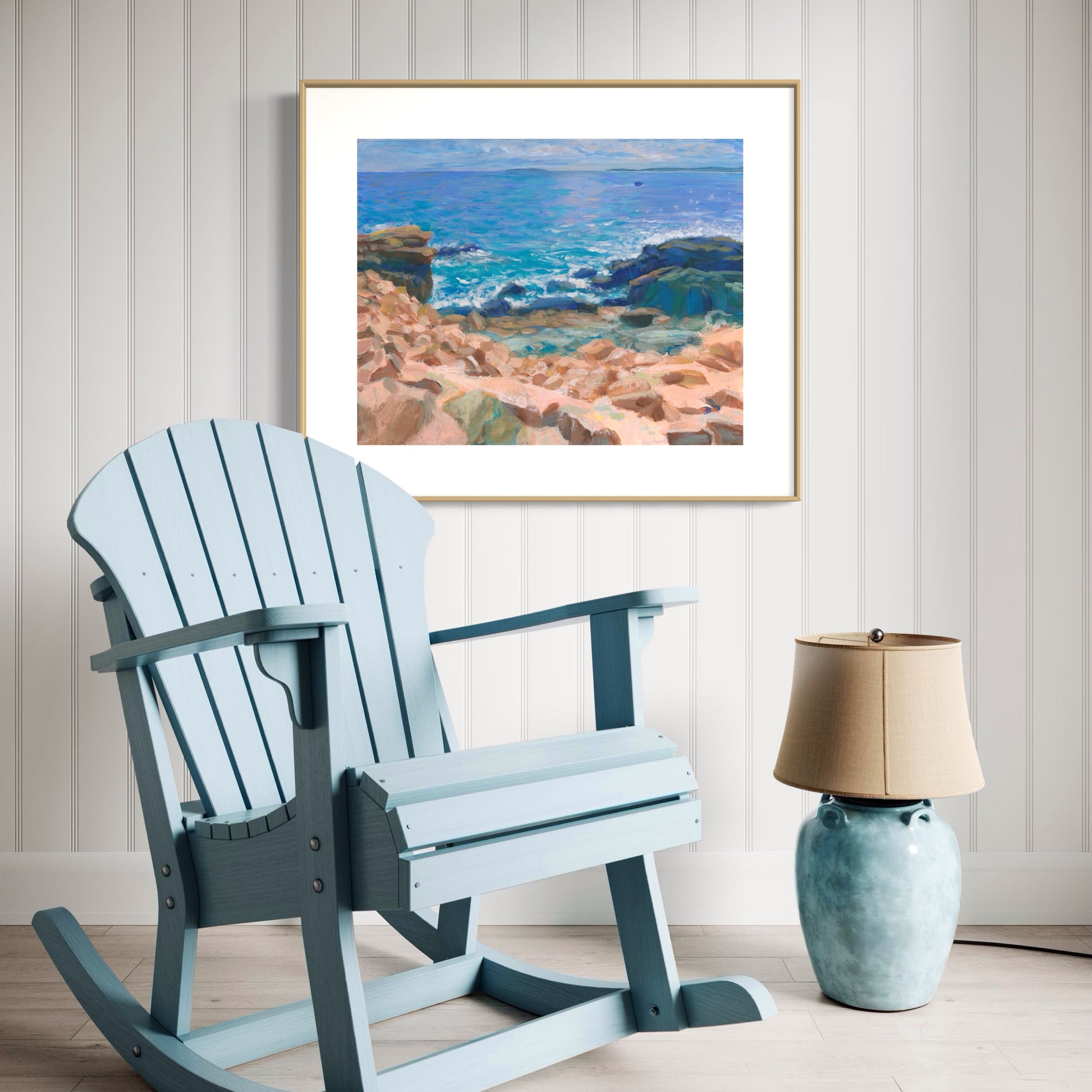 Coastal rustic interior with an acrylic painting depicting a seascape with sunny rocks and the Atlantic ocean at the Acadia National Park, by Andreea Dumez 