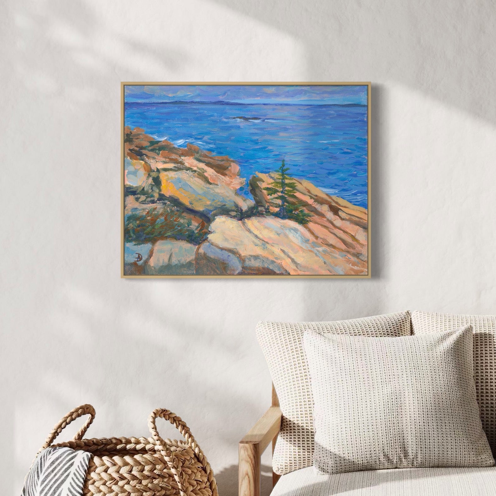Coastal rustic interior with an acrylic painting depicting a seascape with sunny rocks and the Atlantic ocean at the Acadia National Park, by Andreea Dumez 
