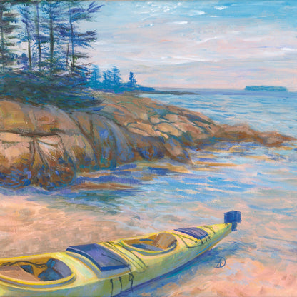 Detail of an art print depicting a seascape with a rocky seashore and a yellow kayak, overlooking the islands at Acadia National Park. 