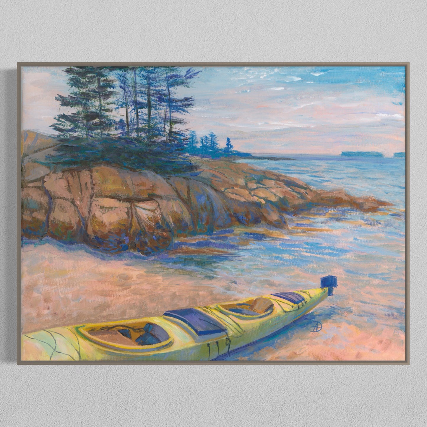 Art print depicting a seascape with a rocky seashore and a yellow kayak, overlooking the islands at Acadia National Park. 