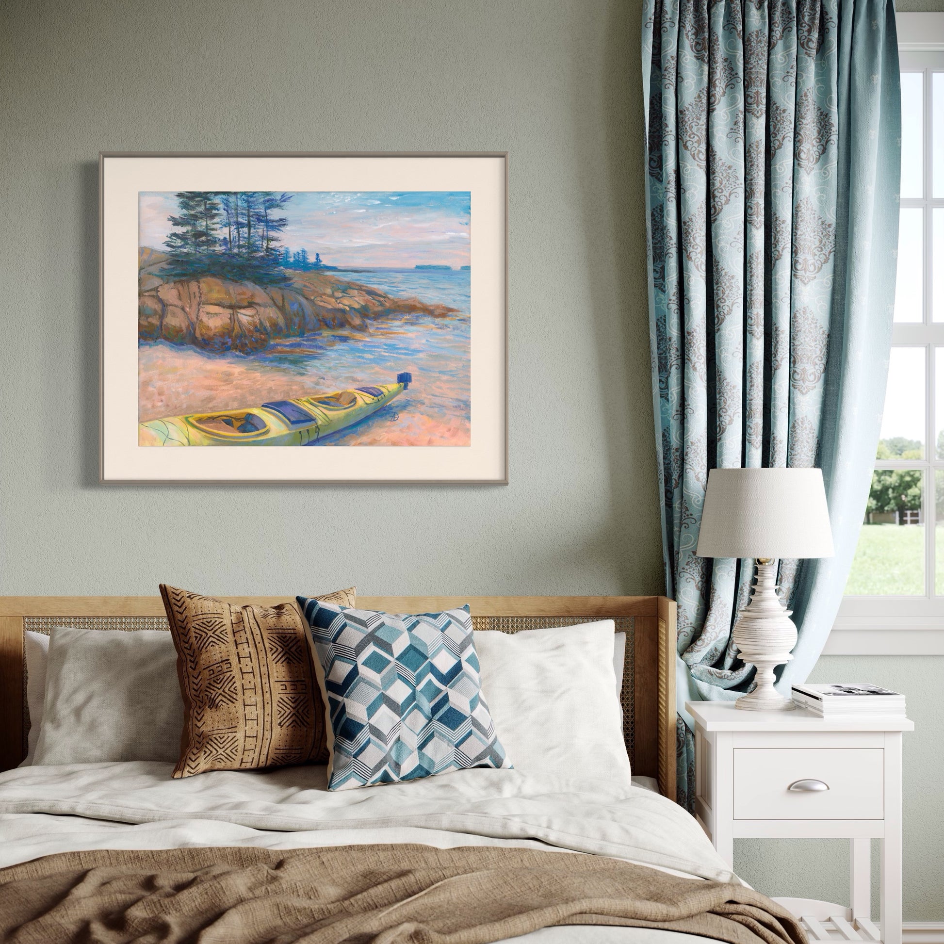 Art print depicting a seascape with a rocky seashore and a yellow kayak, overlooking the islands at Acadia National Park. 