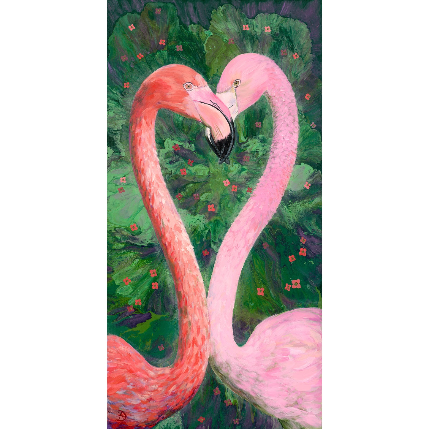 A pair of flamingos, necks forming the shape of heart - painting