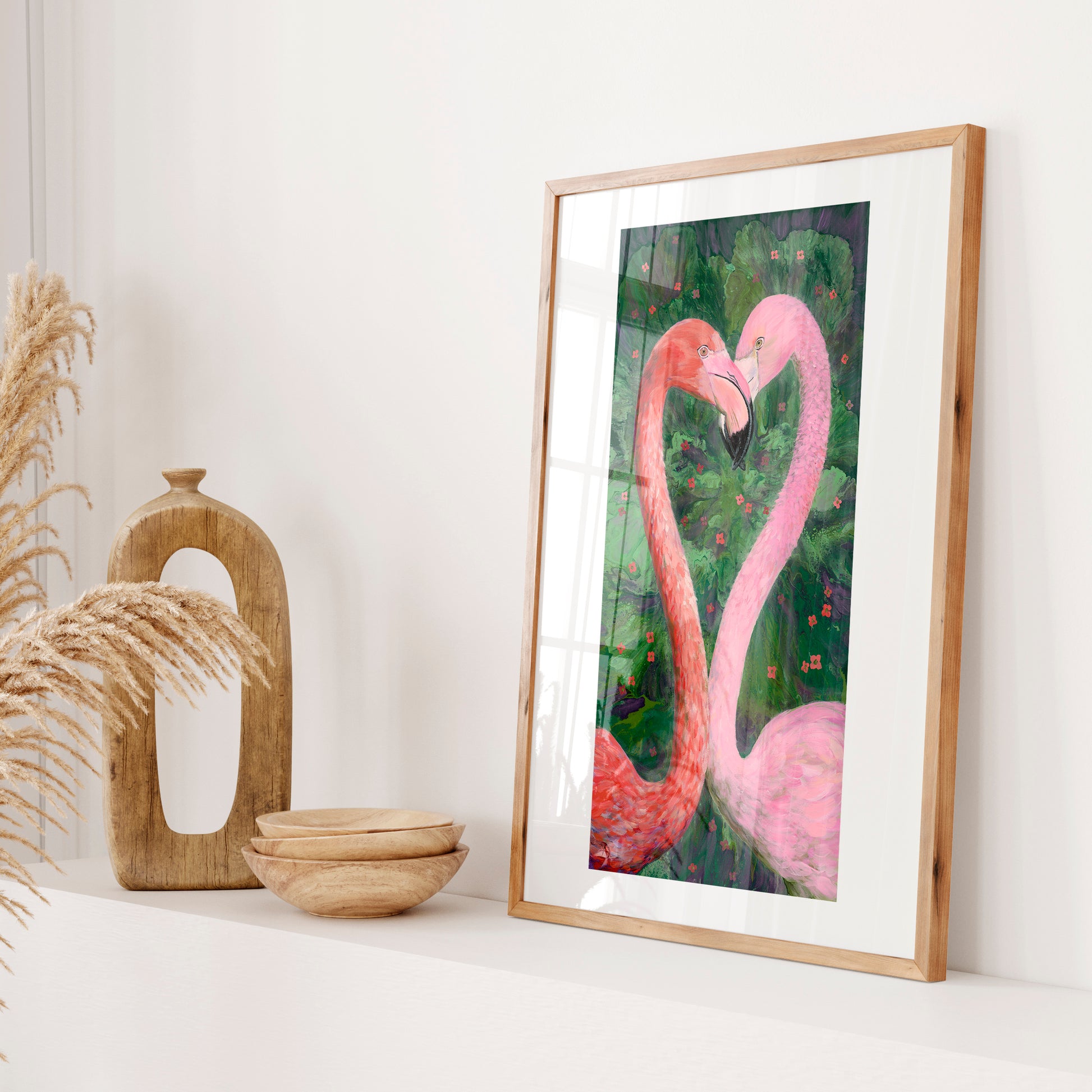 A pair of flamingos, necks forming the shape of heart - art print