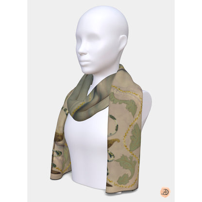 Mannequin wearing a green and beige patterned scarf on a white background. Unique silk scarf suitable for client appreciation gifts and luxury corporate gifts. 