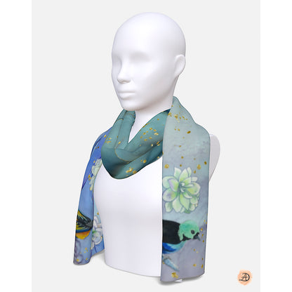 Mannequin wearing a floral and bird patterned scarf on a white background. Unique silk scarf suitable for client appreciation gifts and luxury corporate gifts. 
