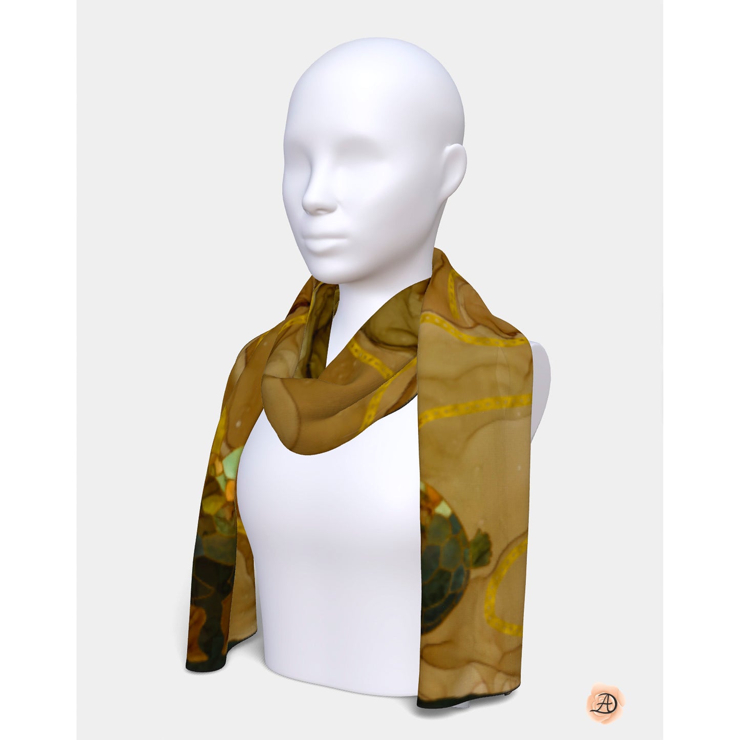 Mannequin wearing a green and brown patterned scarf on a white background. Unique silk scarf suitable for client appreciation gifts and luxury corporate gifts. 