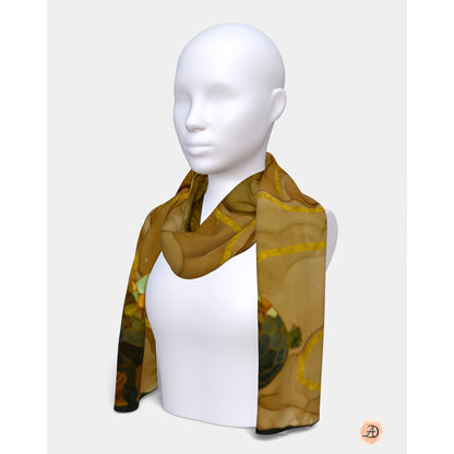 Mannequin wearing a green and brown patterned scarf on a white background. Unique silk scarf suitable for client appreciation gifts and luxury corporate gifts. 