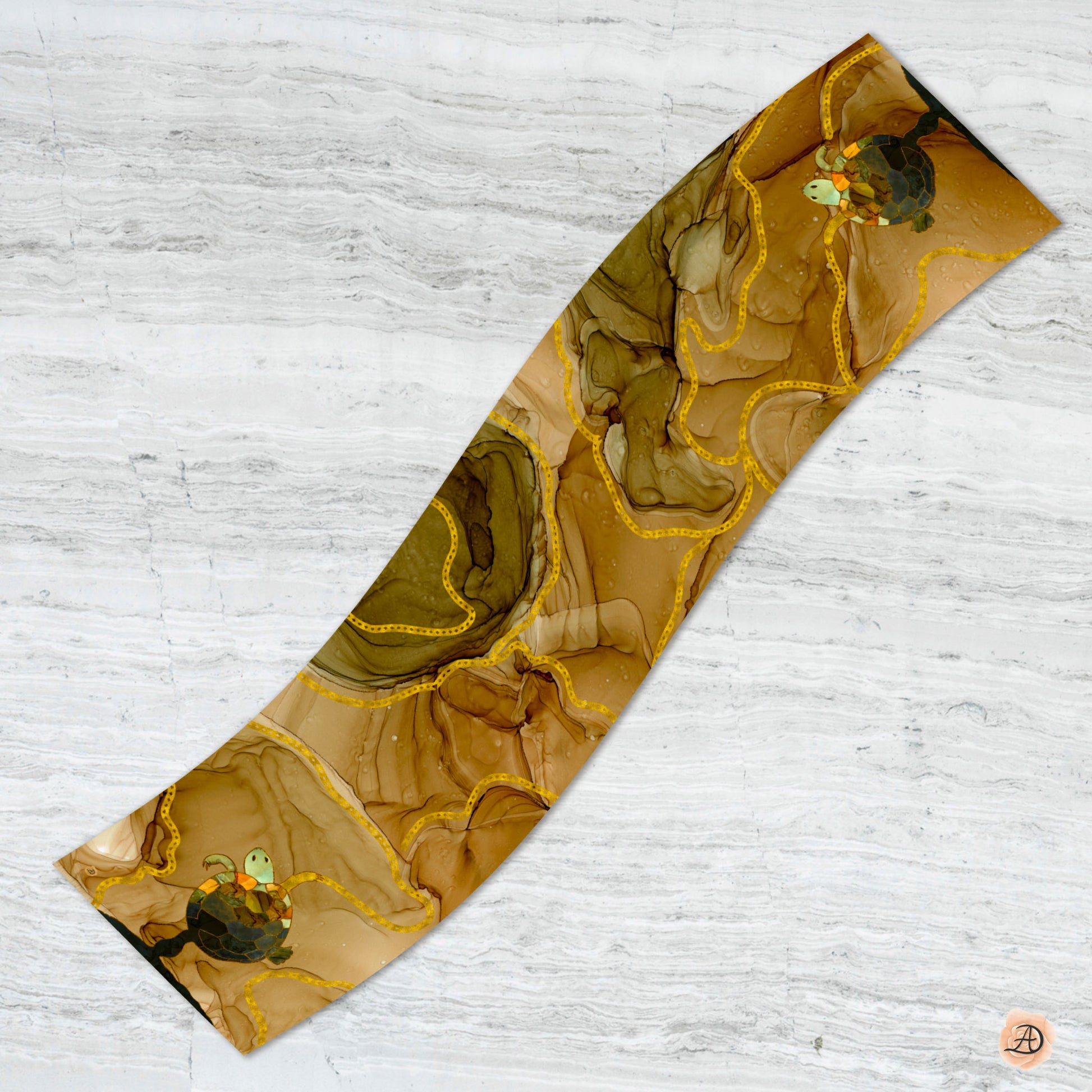 Decorative beige, brown and green scarf with turtle design on a white background. Unique silk scarf suitable for client appreciation gifts and luxury corporate gifts. 