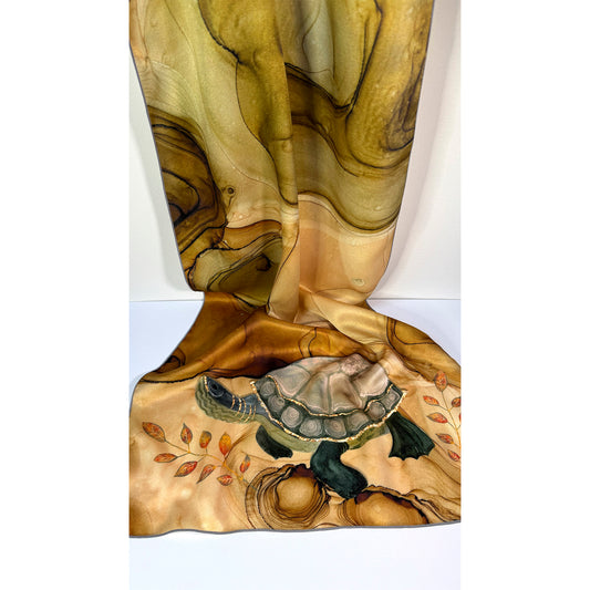 Decorative brown-green silk scarf with an autumn-themed turtle design on a white background. Unique silk scarf suitable for client appreciation gifts and luxury corporate gifts. 