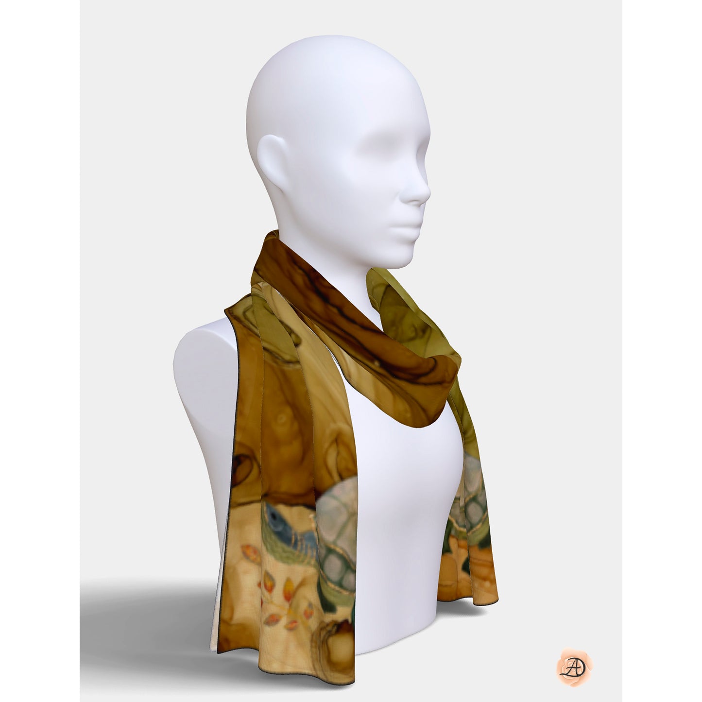 Mannequin wearing a long, autumn-themed patterned scarf on a white background. Unique silk scarf suitable for client appreciation gifts and luxury corporate gifts. 
