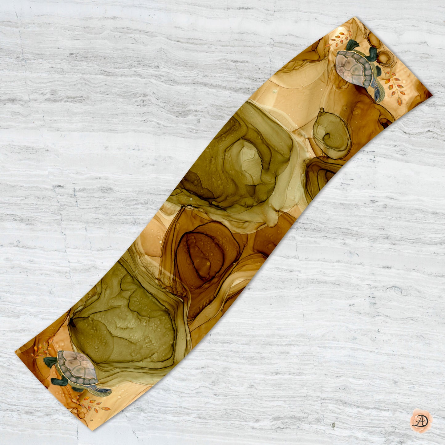 Decorative brown-green silk scarf with an autumn-themed turtle design on a white background. Unique silk scarf suitable for client appreciation gifts and luxury corporate gifts. 