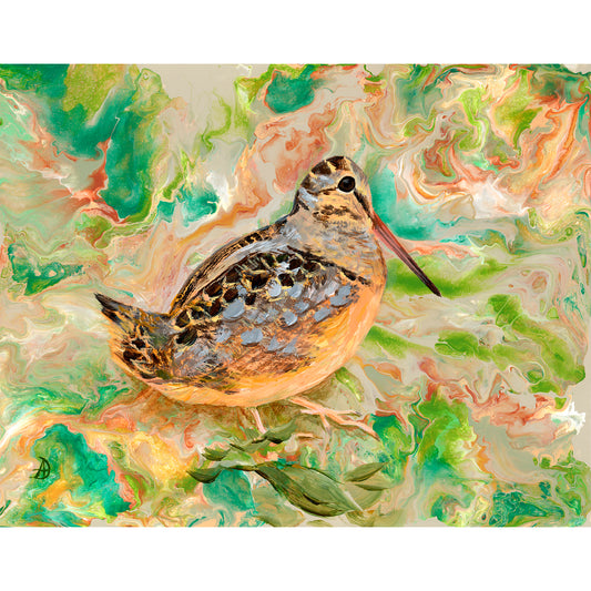 American Woodcock Bird  on a colorful abstract background suggesting natural wooded area and forest leaves. Art print by Andreea Dumez