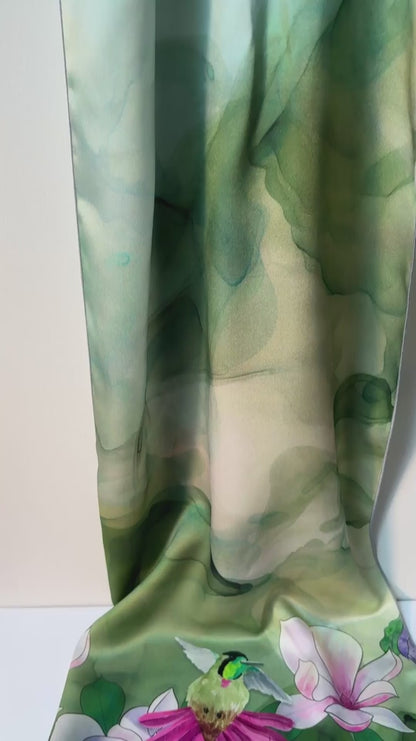 Hummingbird and Magnolia Flowers Silk Scarf - Preorder