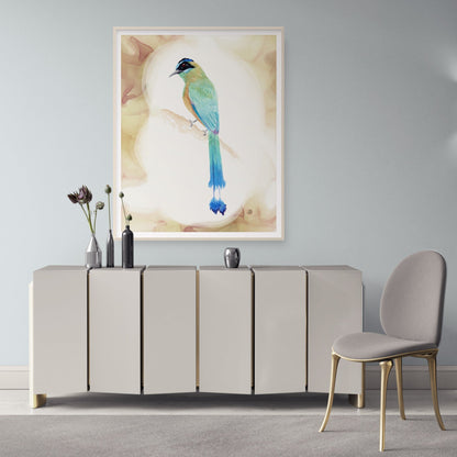 Amazonian Motmot Watercolor Art Print on a wall by Andreea Dumez