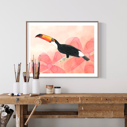 Toco Toucan framed art print in a rustic studio 