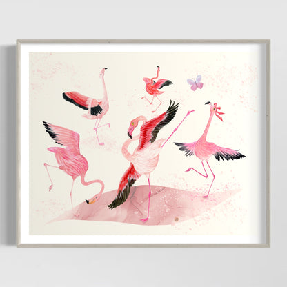Five dancing flamingo birds - kids illustration